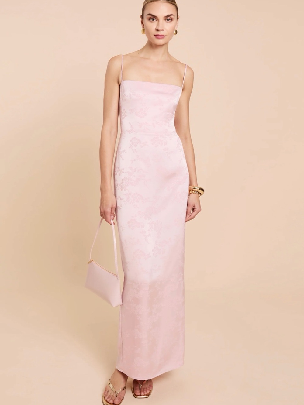 Pale Pink Slip Maxi Dress with Delicate Jacquard